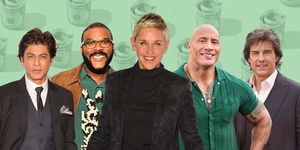 collage of celebrities with money green background