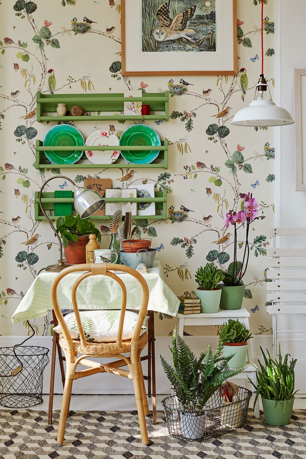Green, Room, Wall, Interior design, Furniture, Houseplant, Wallpaper, Table, Home, House, 