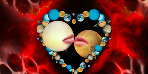two planets kiss inside a heart, also made of planets
