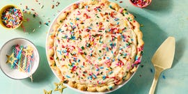 funfetti style cake in a pie dish