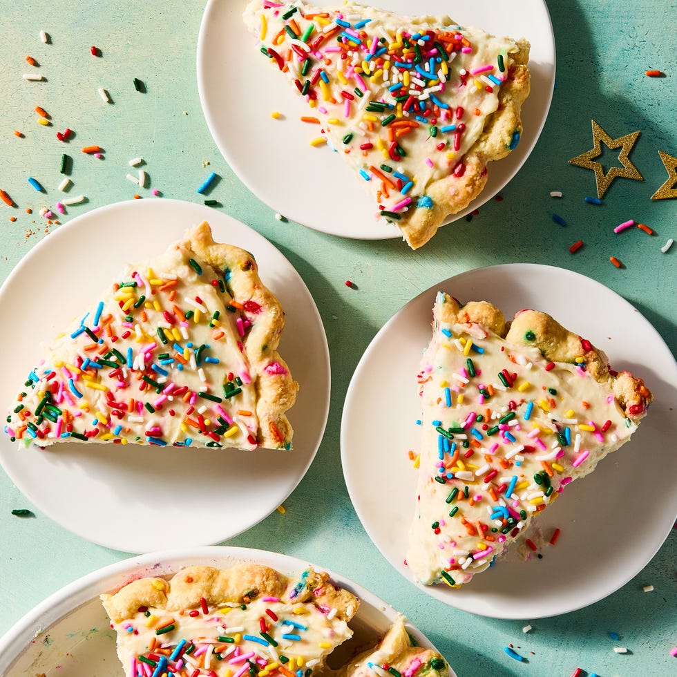 funfetti style cake in a pie dish