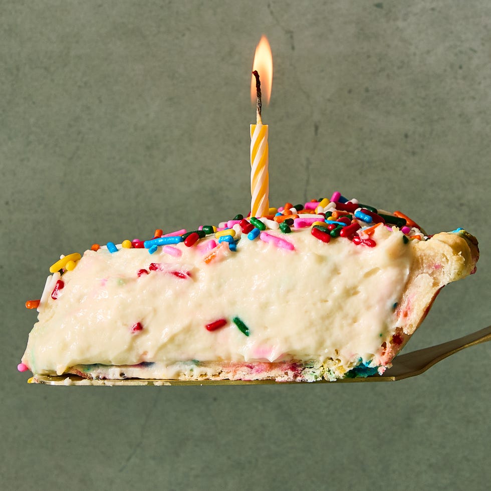 funfetti style cake in a pie dish