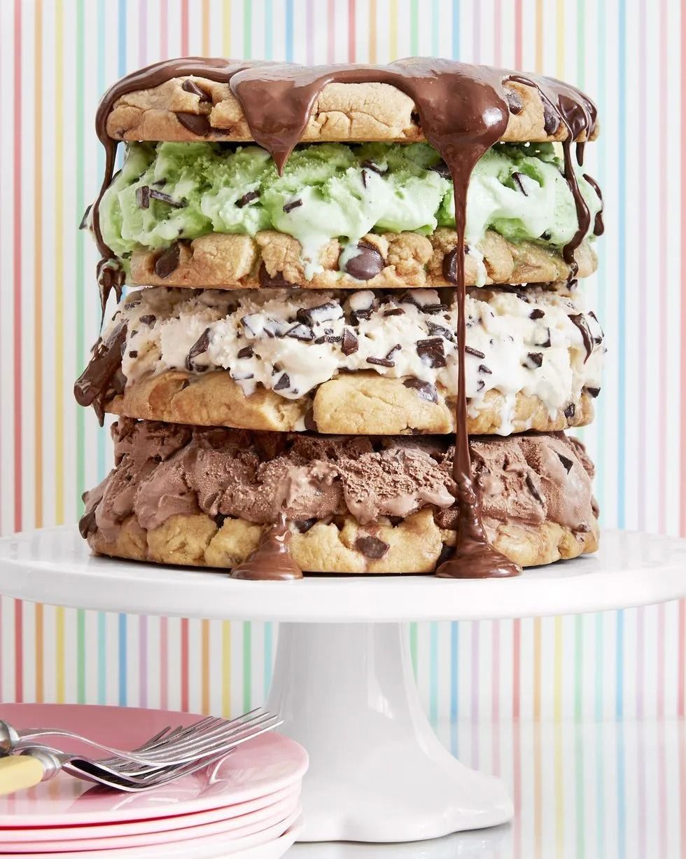 flour layers of chocolate chip cookie and chocolate vanilla and mint ice cream fillings