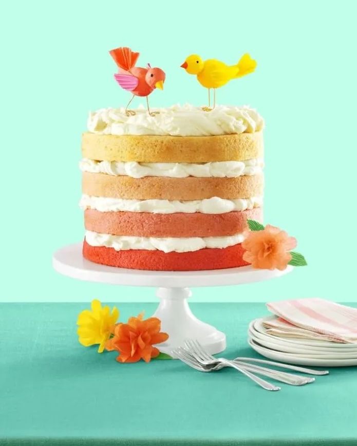 pink ombré cake with white frosting between the layers and plastic bird and flower decorations