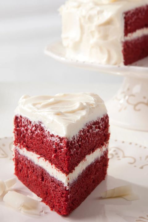 high angle view of red velvet cake slice served in plate