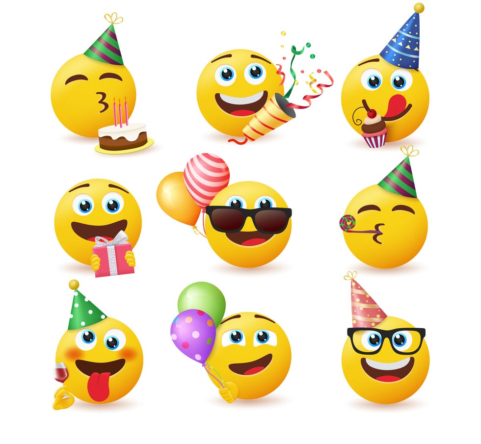 emoji birthday vector set party emojis with gift, cake, confetti and party hats