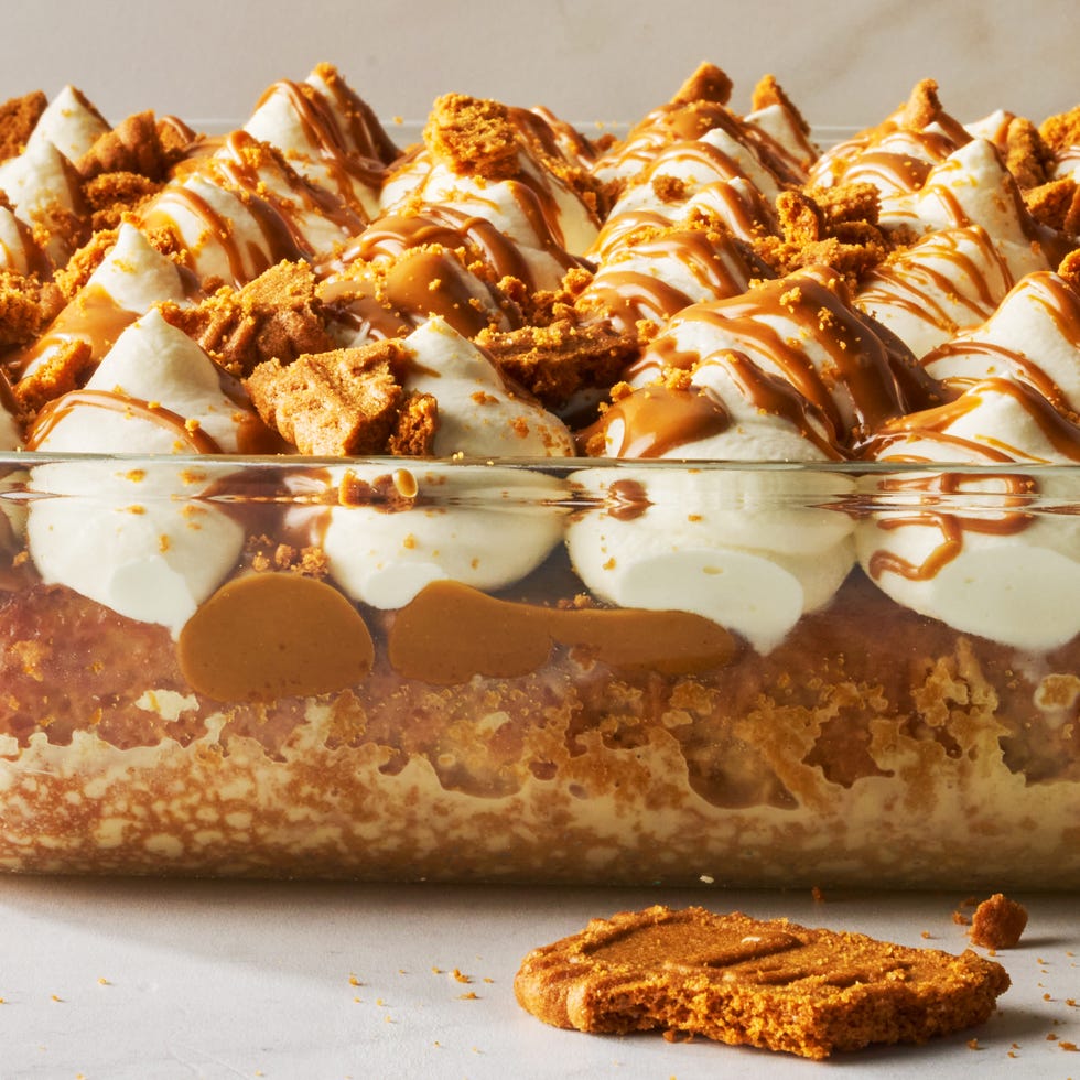 tres leches in a casserole dish with biscoff cookies