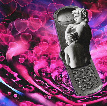 a flip phone on a colorful background of hearts