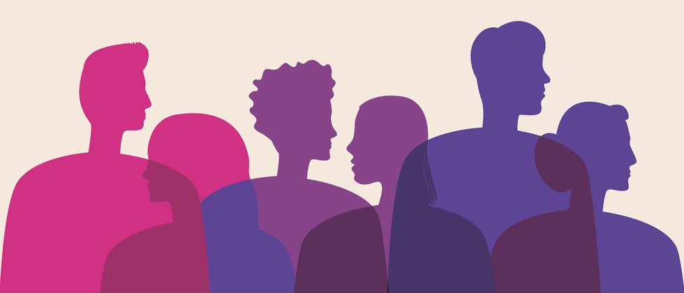 bisexual people in the color of the flag of bisexuality, silhouette vector stock illustration with bisexuals as a lgbtq community