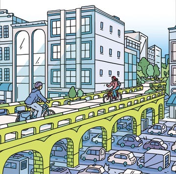 Illustration depicting cyclists on an elevated pathway above a parking area