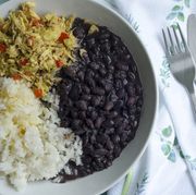 black beans with rice and shredded chicken