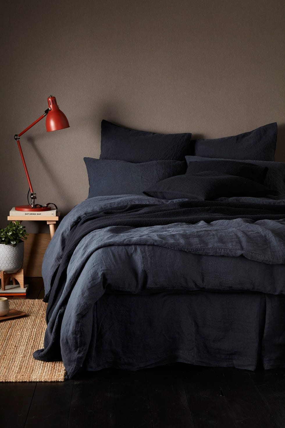 secret linen store black bedding with red table lamp