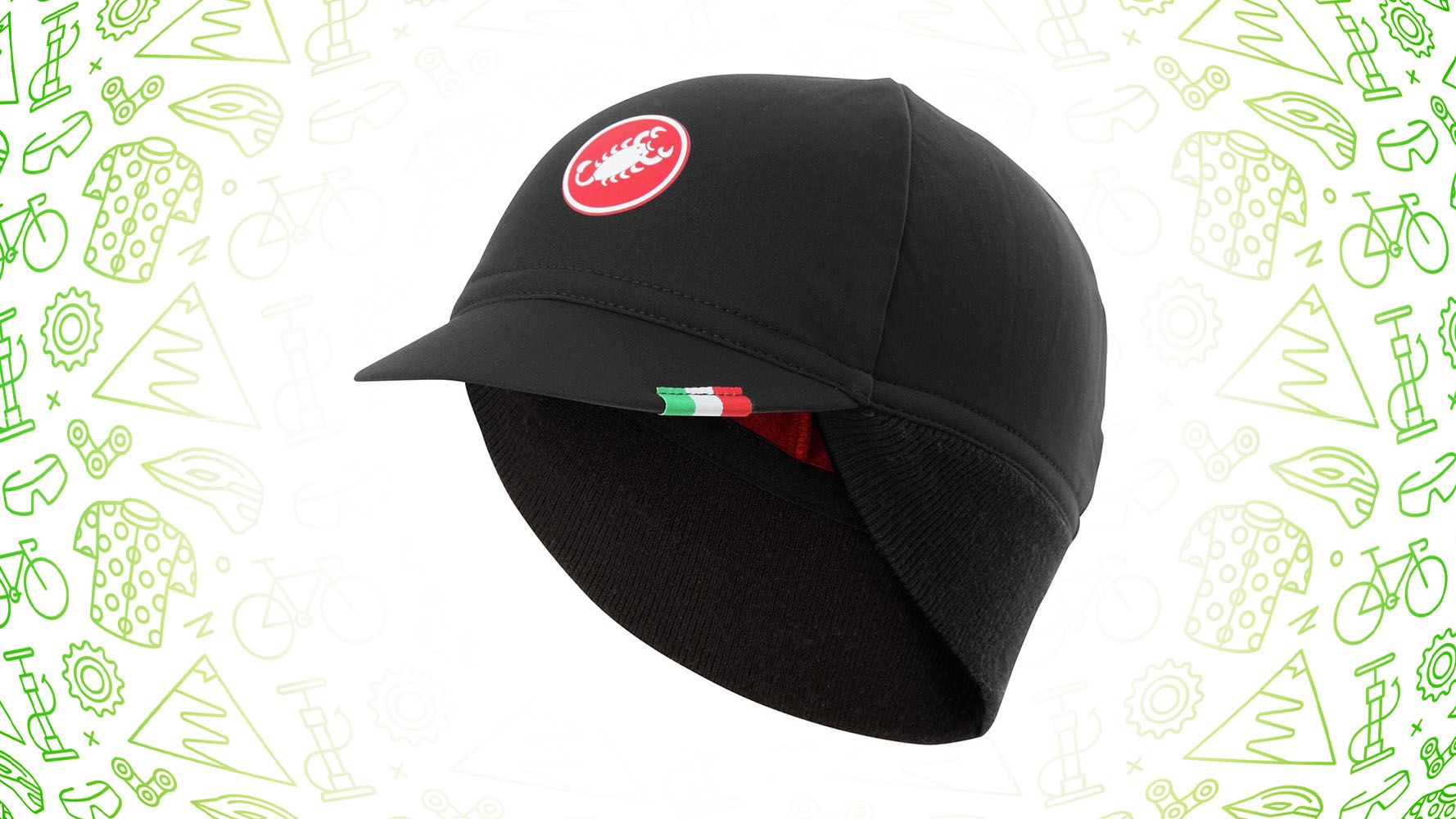 castelli black cycling cap against green and white patterned background
