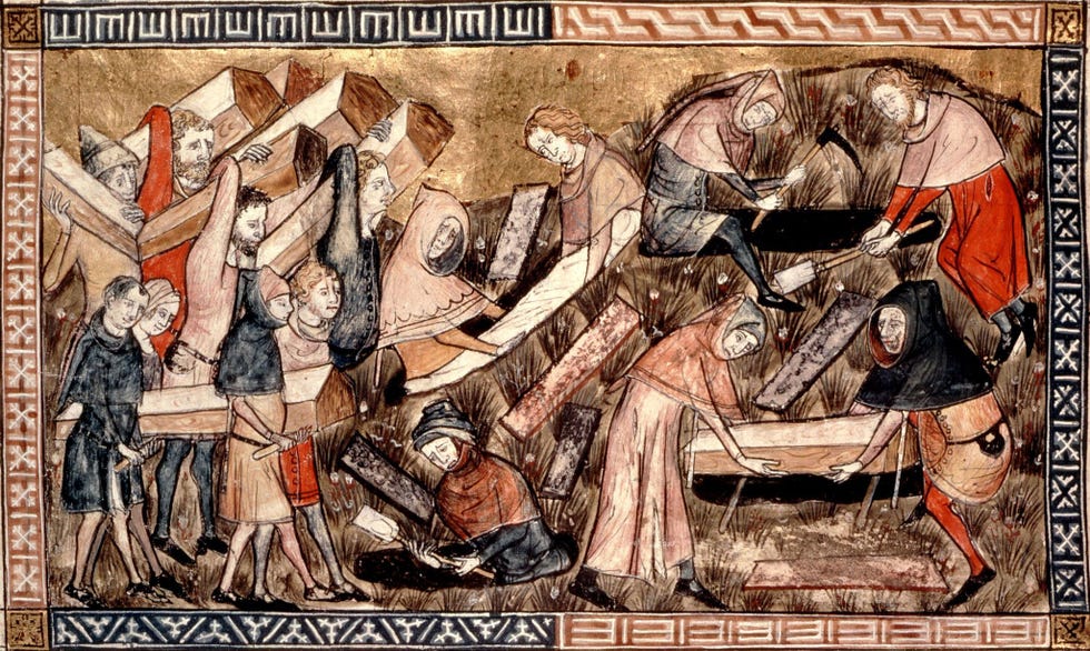 In deze miniatuur uit een veertiendeeeuws manuscript wordt de Zwarte Dood in Europa uitgebeeld dorpelingen dragen doodskisten voor het begraven van slachtoffers van de pest