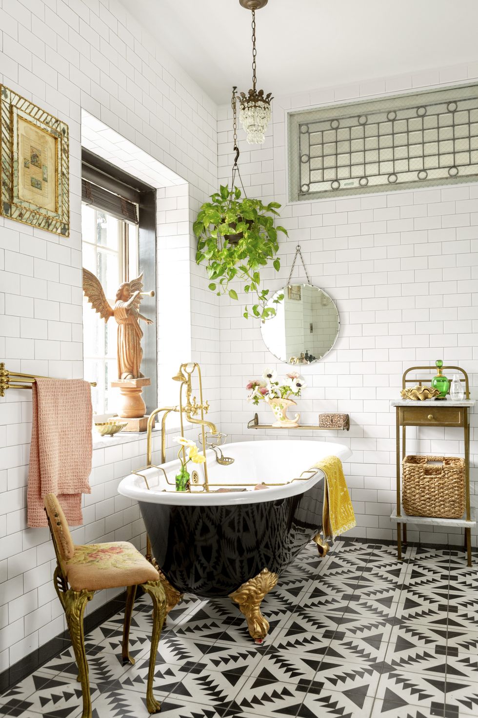 bathroom with wildly patterned tile on the floor