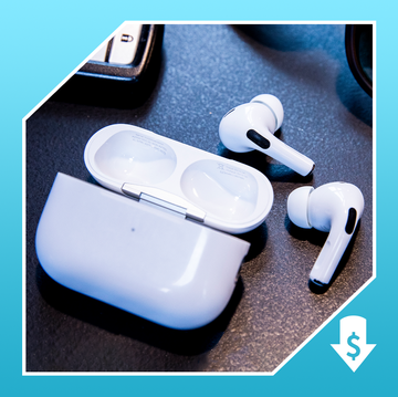 woman wearing airpods, airpods and case on a table