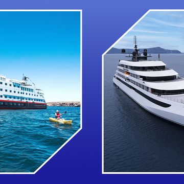 kayakers in front of emerald cruise ship, emerald azzurra cruise ship in water