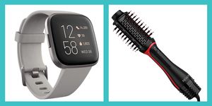 revlon one step volumizer and fitbit versa on white background with blue border
