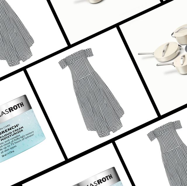 a grid showing pots and pans, moisturizer, and a dress on sale during cyber week that editors hope to shop