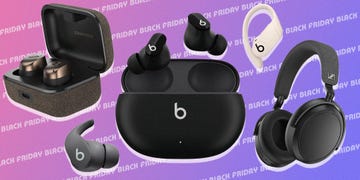 a purple and pink gradient background with the writing black friday on top are images of various headphones