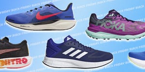 five different running shoes from various brands including nike adidas and hoka on a gradient background with the text black friday