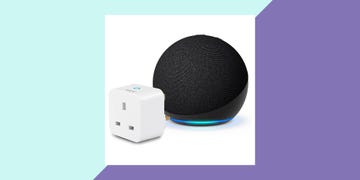 the spherical amazon echo dot smart speaker shown alongside the sengled smart plug power adaptor against a blue and purple background