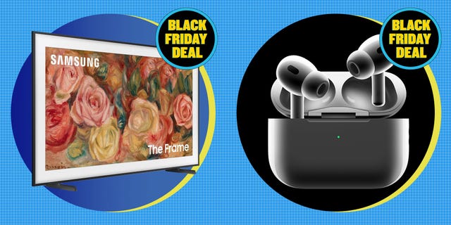 promotional display featuring a samsung frame tv and apple airpods with black friday deal tags