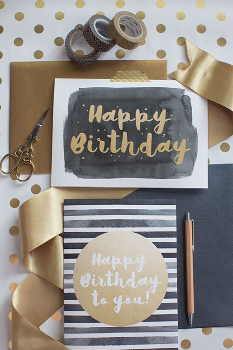 printable modern birthday cards in gold and black