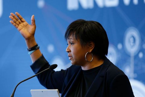 santa clara, ca   may 23 keynote speaker dr mae jemison addresses the delegates during the beyond innovation summit at levis stadium on may 23, 2018 in santa clara, california photo by lachlan cunninghamgetty images