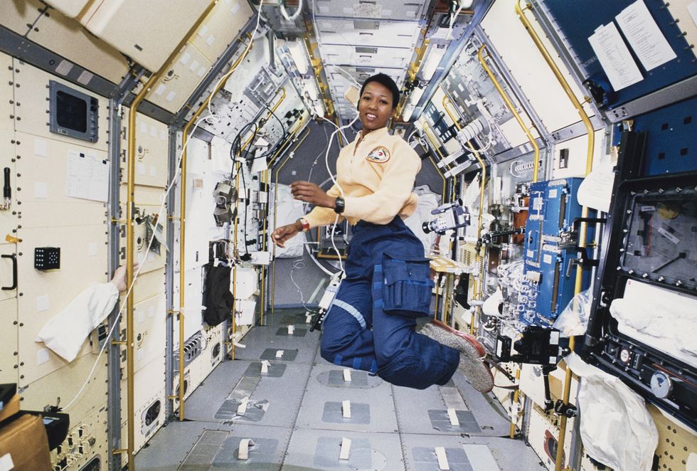 dr mae jemison floating aboard the endeavour during her space mission