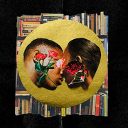 two people about to kiss collaged with flowers over their faces on a background of gold paper and a book shelf