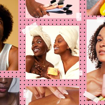 a collage of poc persons with a variety of beauty products from black owned beauty brands