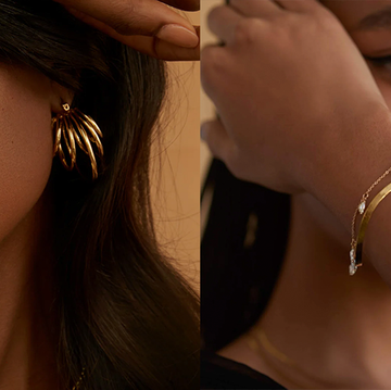 black owned jewelry brands, woman wearing gold earrings, woman wearing two gold bracelets