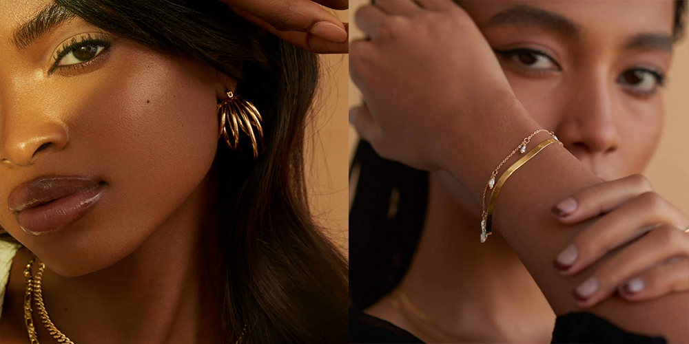 black owned jewelry brands, woman wearing gold earrings, woman wearing two gold bracelets