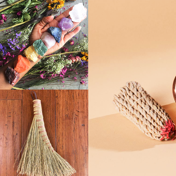 witch shops products, including oil, body scrub, crystals, a broom, and rope incense