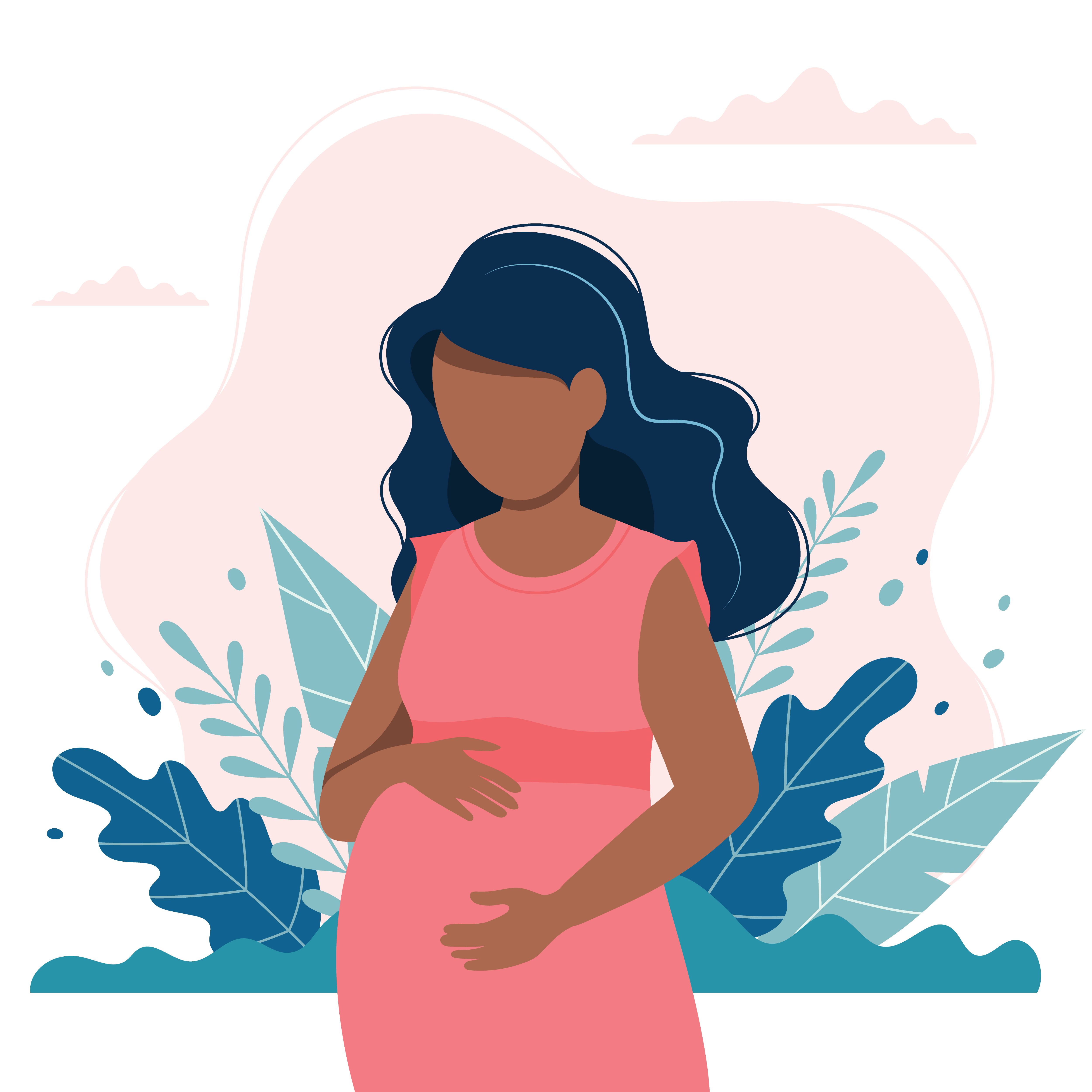 black pregnant woman with nature and leaves background concept vector illustration in flat style