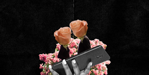 collage of a black woman's hand holding a phone with two people behind it and flowers over their heads