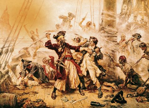 Op dit olieverfschilderij uit 1718 is de beruchte piraat Blackbeard te zien kort voordat hij door soldaten van luitenant Robert Maynard wordt gedood