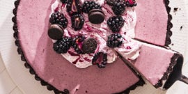 no baked blackberry oreo tart with mascrapone whipped cream and blackberry filling and an oreo crust
