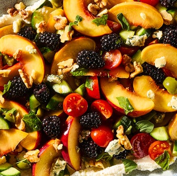 Blackberry Peach Salad blackberries, peaches, tomatoes, blue cheese, walnuts, basil, and olives