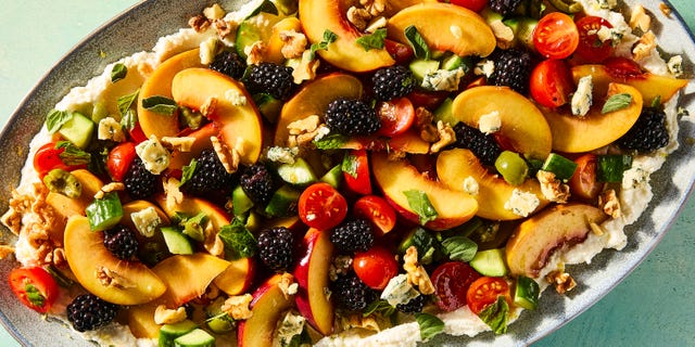 blackberries, peaches, tomatoes, blue cheese, walnuts, basil, and olives