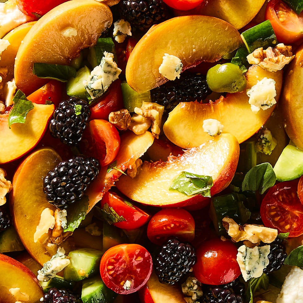 blackberries, peaches, tomatoes, blue cheese, walnuts, basil, and olives