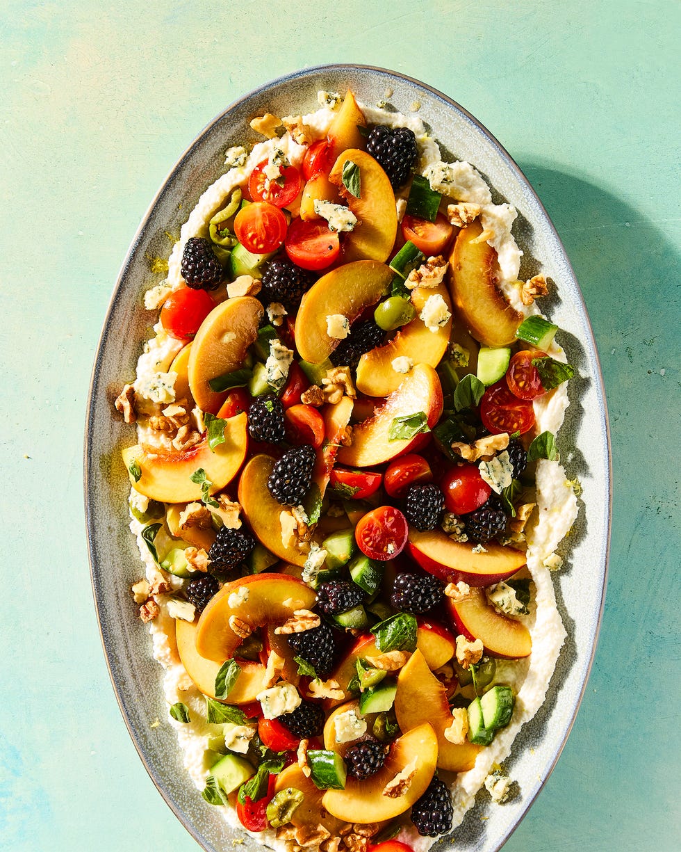 blackberries, peaches, tomatoes, blue cheese, walnuts, basil, and olives
