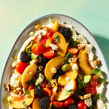blackberries, peaches, tomatoes, blue cheese, walnuts, basil, and olives