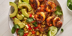 blackened shrimp bowls with grilled corn, avocado, lime, and cilantro