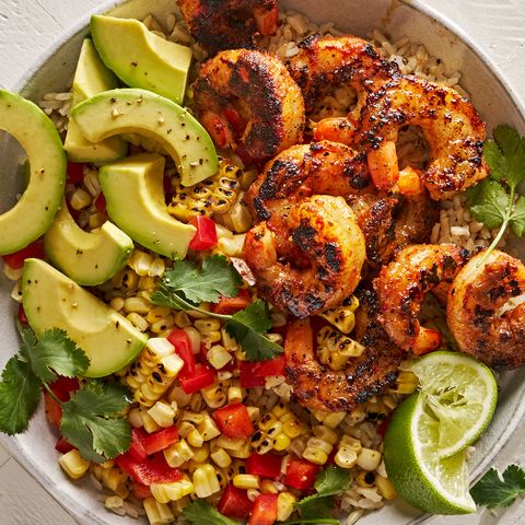 blackened shrimp bowls with grilled corn, avocado, lime, and cilantro