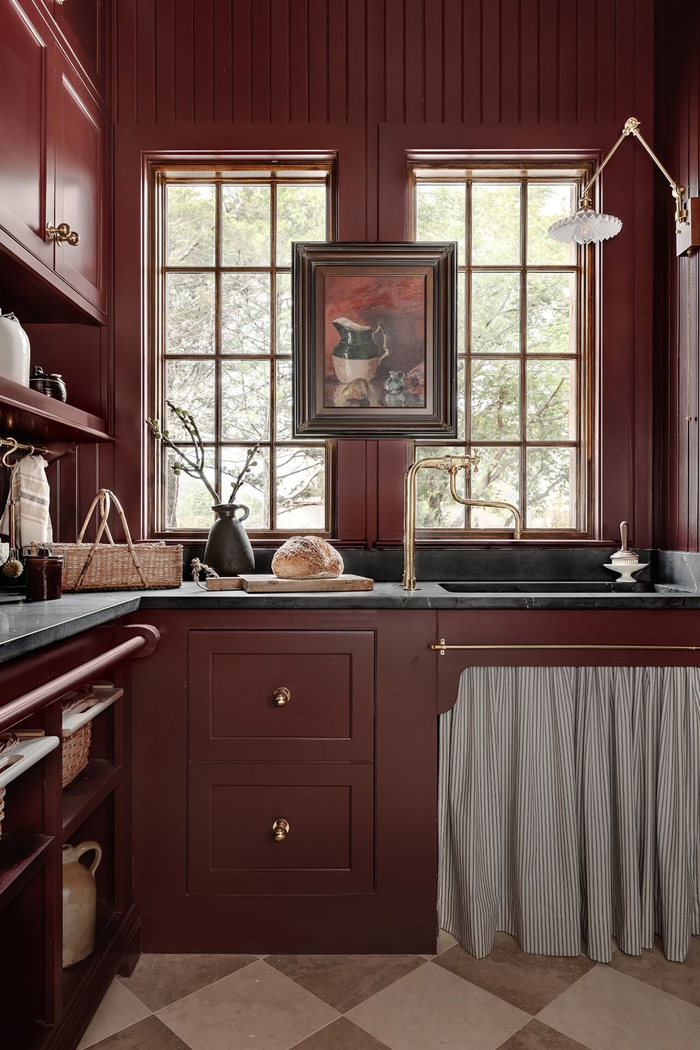 red kitchen with large window