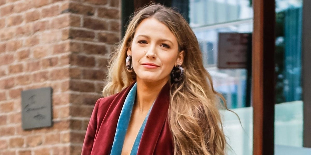 Blake Lively Wears Two Velvet Blazers, No Bra, in 85-Degree