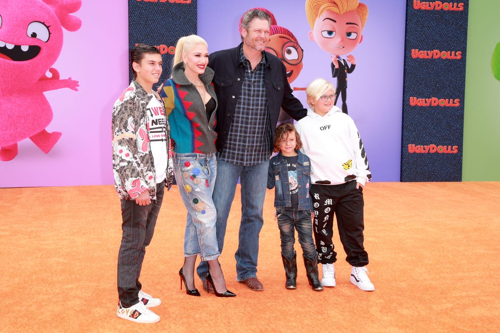 los angeles, california   april 27 l r kingston rossdale, gwen stefani, blake shelton, apollo bowie flynn rossdale, and zuma nesta rock rossdale attend stx films world premiere of uglydolls at regal cinemas la live on april 27, 2019 in los angeles, california photo by rich furygetty images