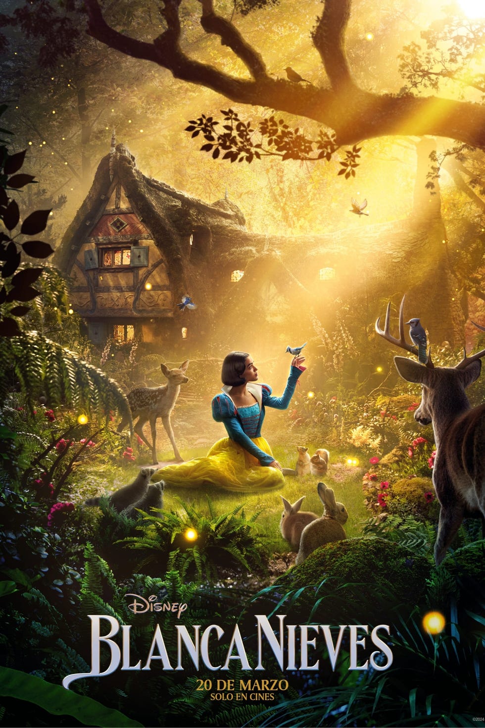 a scene depicting a character in a forest with a cottage surrounded by animals